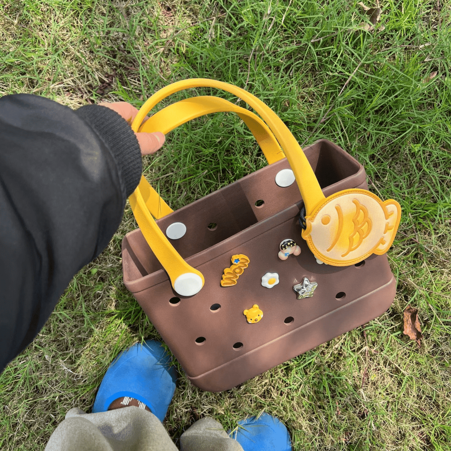 Brown EVA Beach Bag - Waterproof Customizable Tote with Yellow Handles - Lopqix