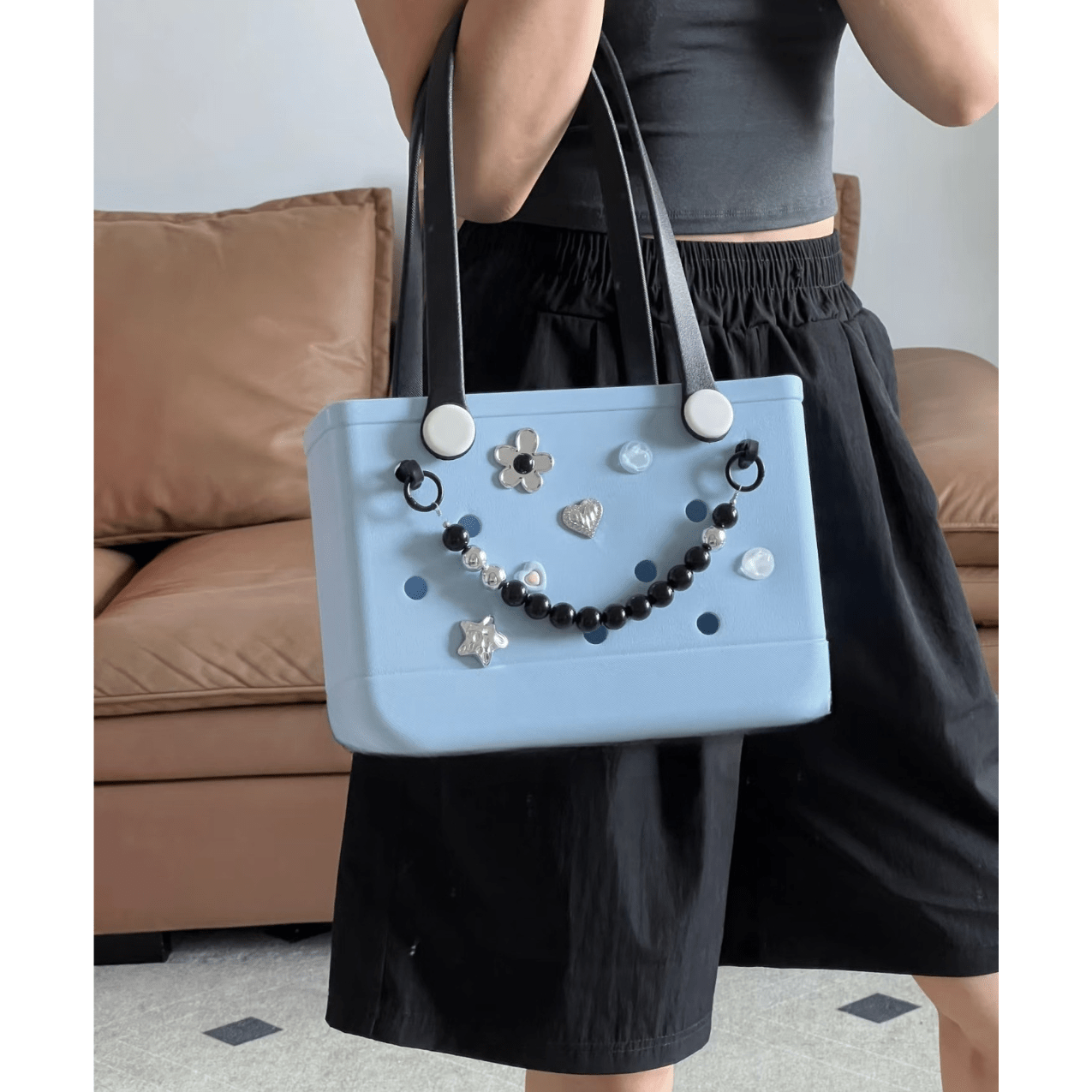 Light Blue EVA Beach Bag with Black Bead Smile - Waterproof Tote with Black Handles - Lopqix