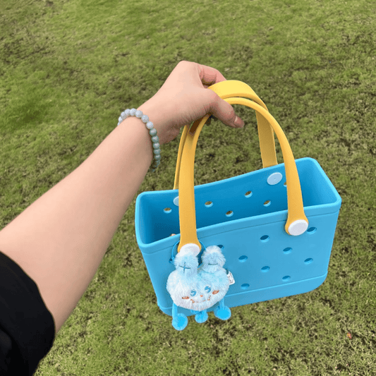 Light Blue EVA Beach Bag with Yellow Handles - Waterproof Tote with Cute Character Charms - Lopqix