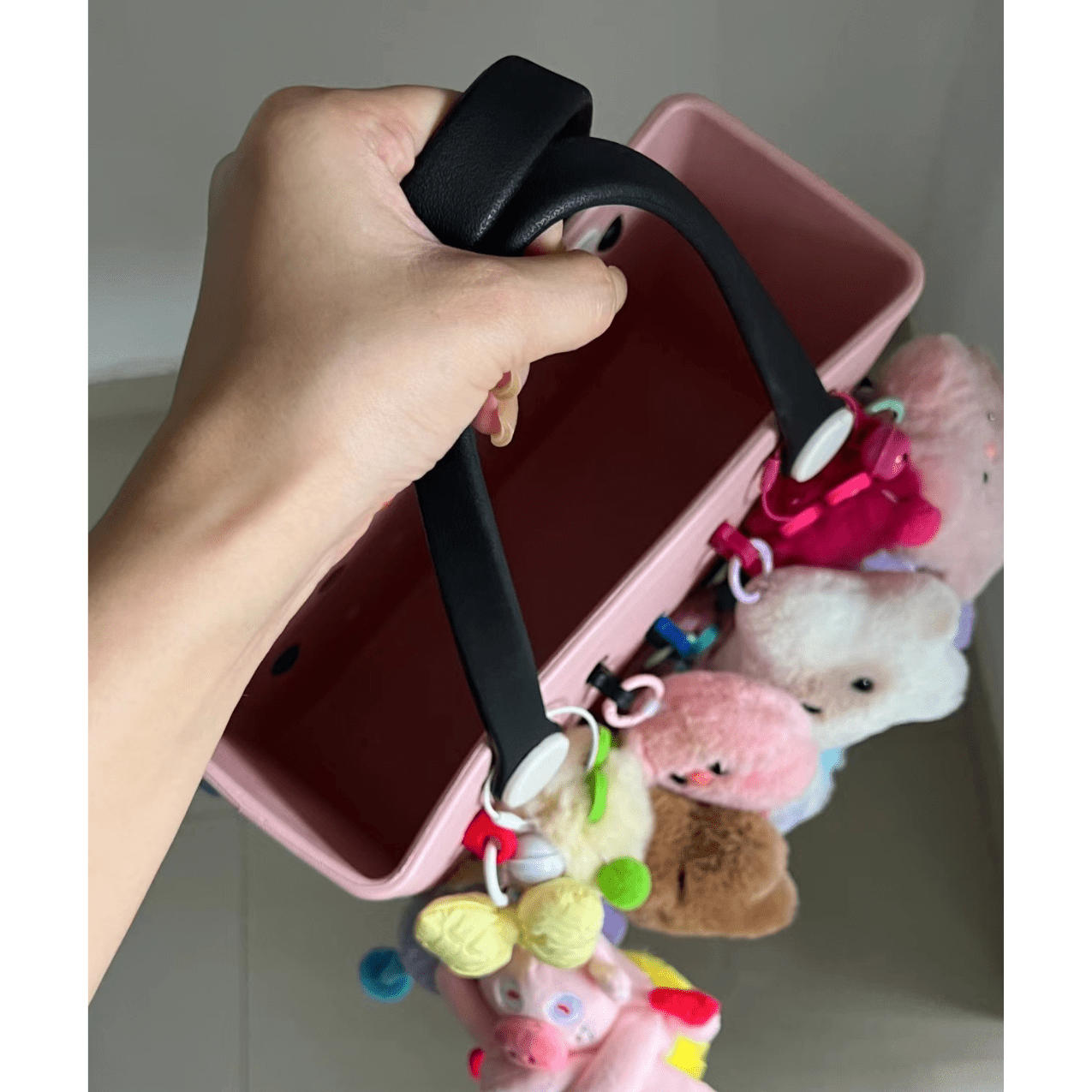 Light Pink EVA Beach Bag - Waterproof Tote with Black Handles and Heart Charms - Lopqix