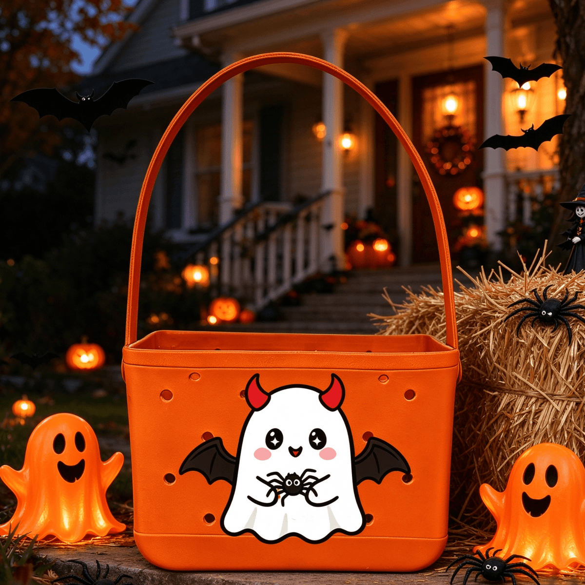 Orange Devil Ghost Halloween Boo Basket - Waterproof EVA Mini Tote - Lopqix Beach Bag Store