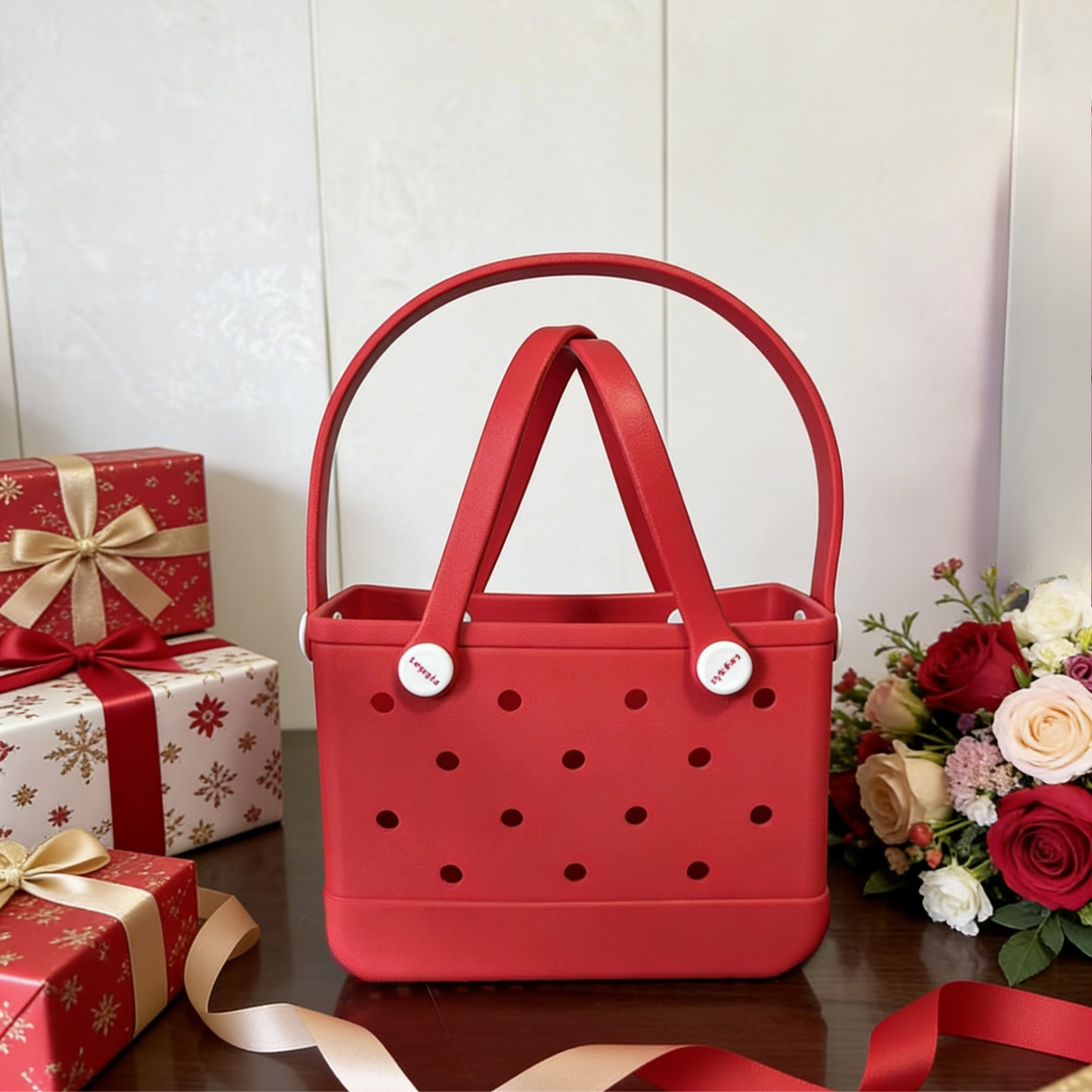 Coral Red EVA Mini Tote Bag - Waterproof Perforated Handbag with Dual Handles