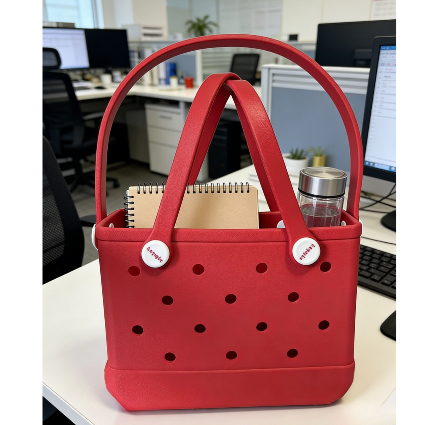 Coral Red EVA Mini Tote Bag - Waterproof Perforated Handbag with Dual Handles