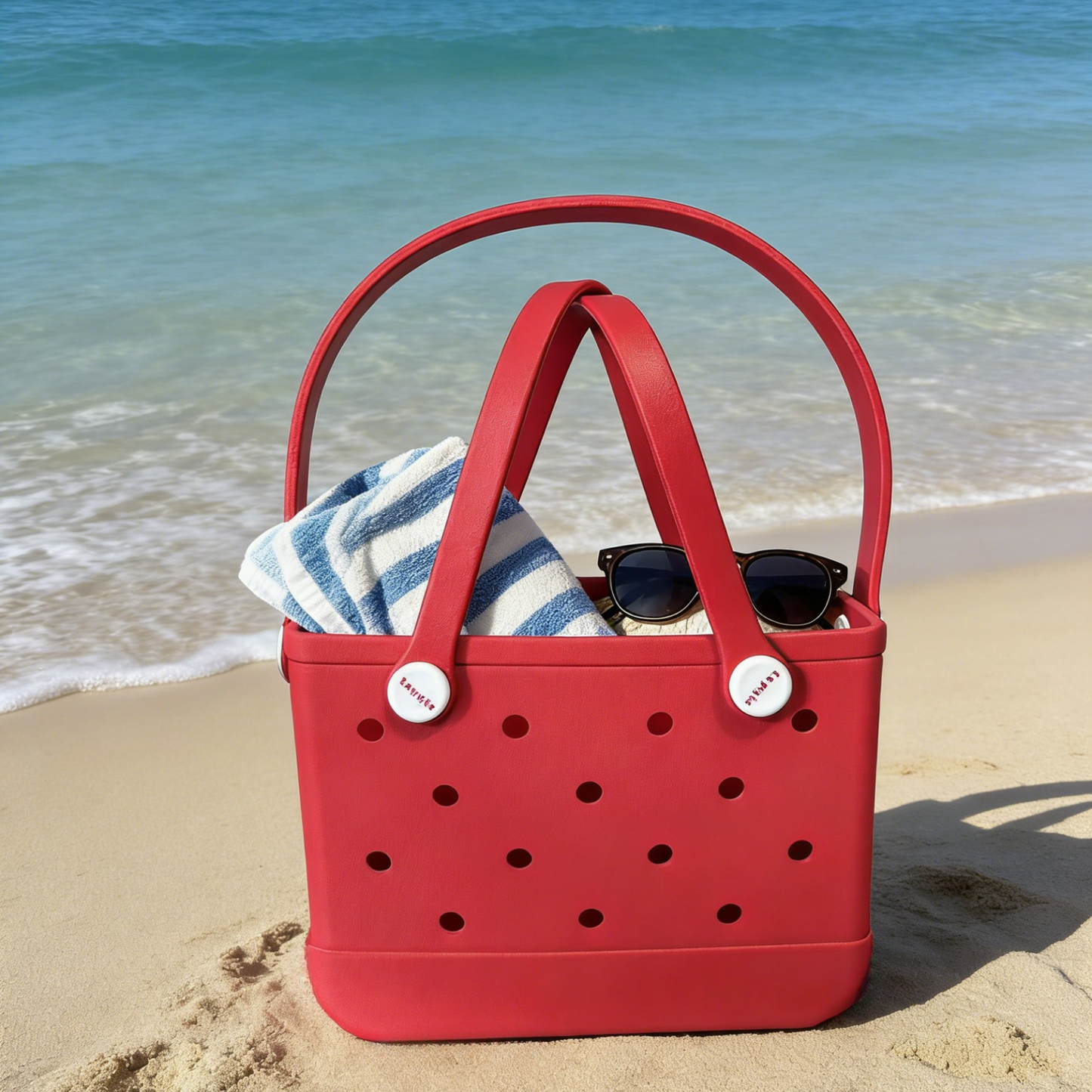 Coral Red EVA Mini Tote Bag - Waterproof Perforated Handbag with Dual Handles