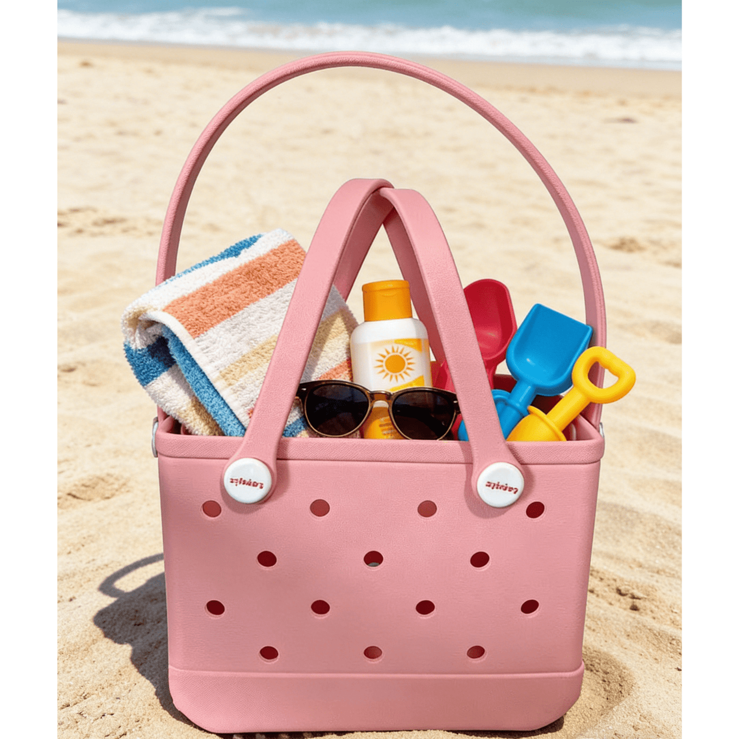 Blush Pink EVA Basket Tote Bag - Waterproof Perforated Handbag with Round Handle - Lopqix