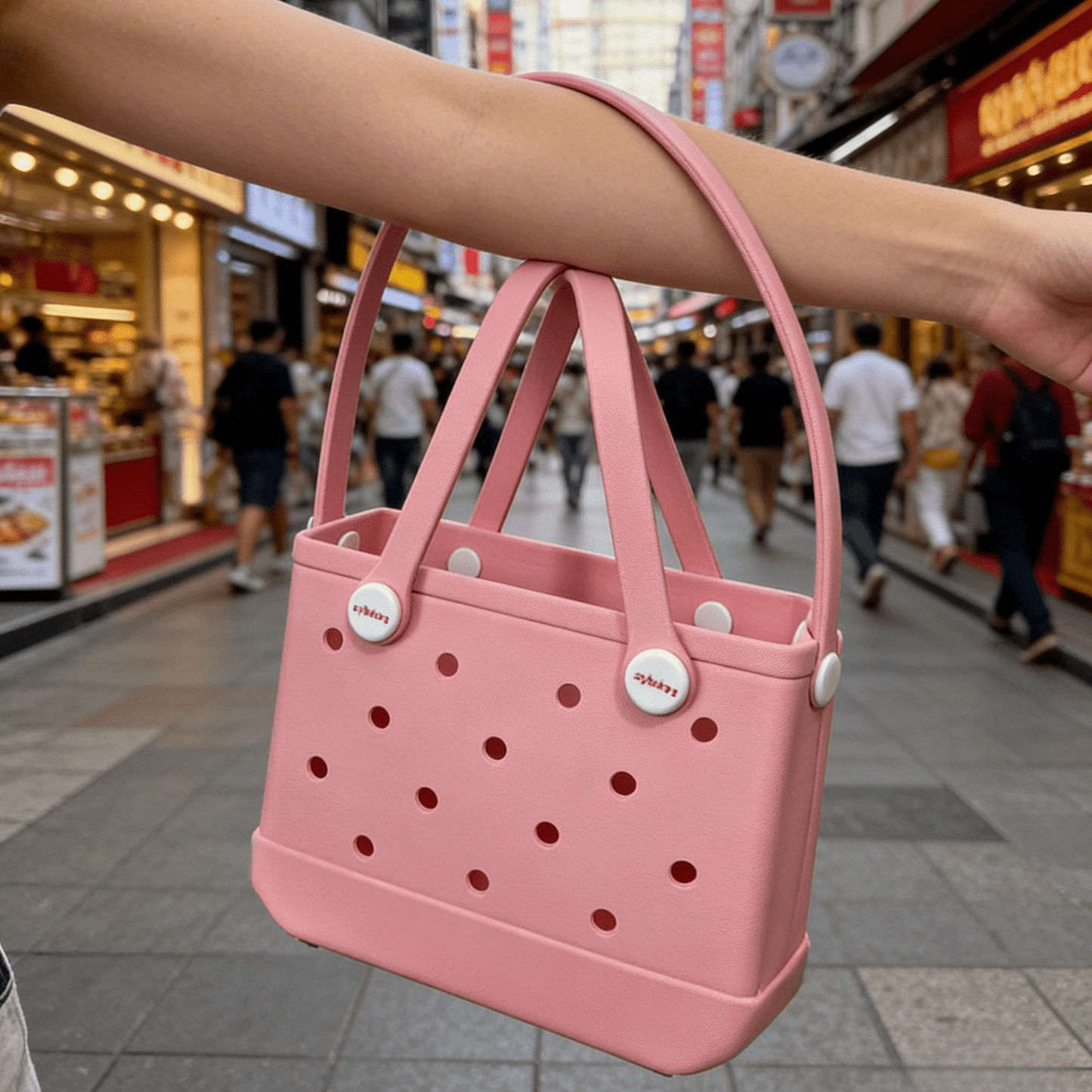 Blush Pink EVA Basket Tote Bag - Waterproof Perforated Handbag with Round Handle - Lopqix