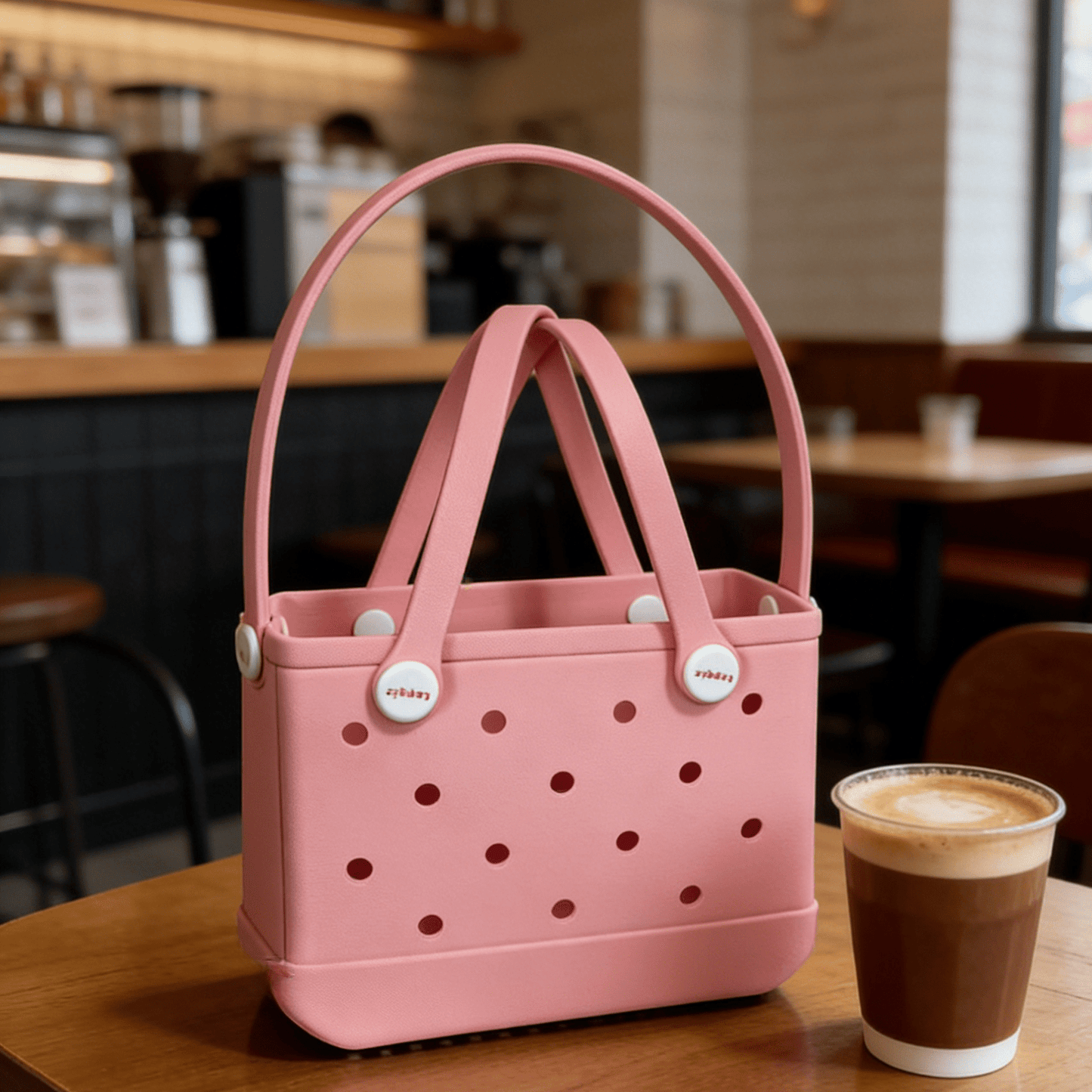Blush Pink EVA Basket Tote Bag - Waterproof Perforated Handbag with Round Handle - Lopqix