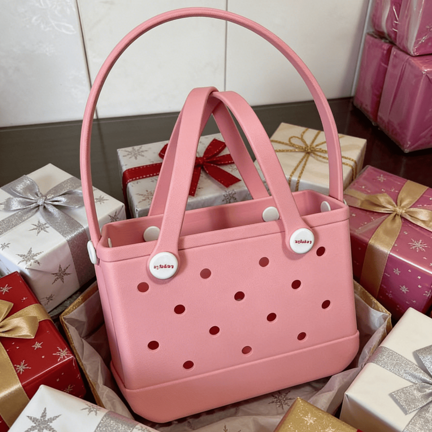 Blush Pink EVA Basket Tote Bag - Waterproof Perforated Handbag with Round Handle - Lopqix
