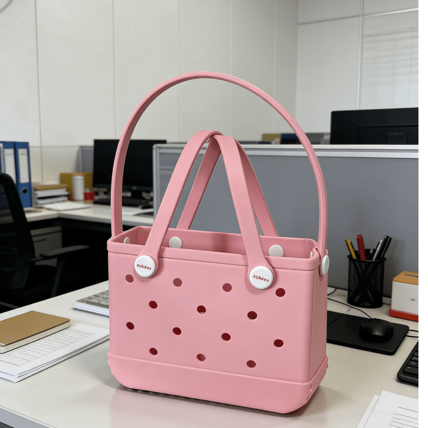 Blush Pink EVA Basket Tote Bag - Waterproof Perforated Handbag with Round Handle - Lopqix