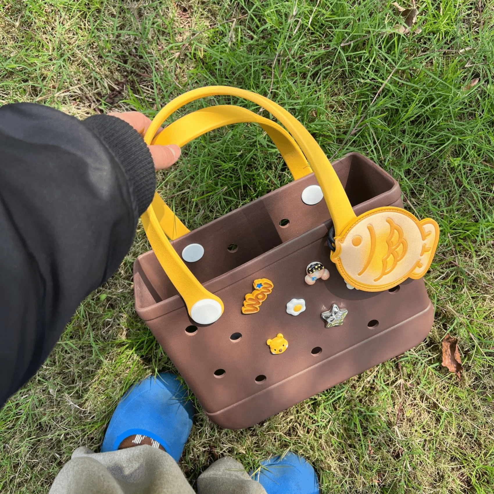 Brown EVA Beach Bag - Waterproof Customizable Tote with Yellow Handles - Lopqix