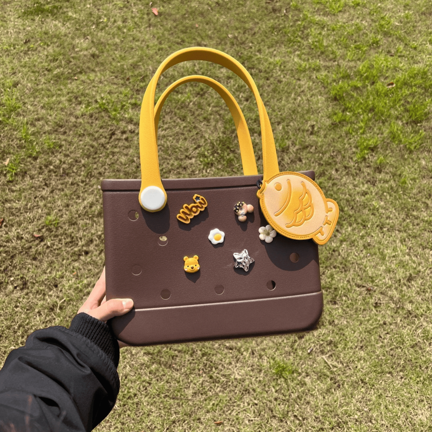 Brown EVA Beach Bag - Waterproof Customizable Tote with Yellow Handles - Lopqix