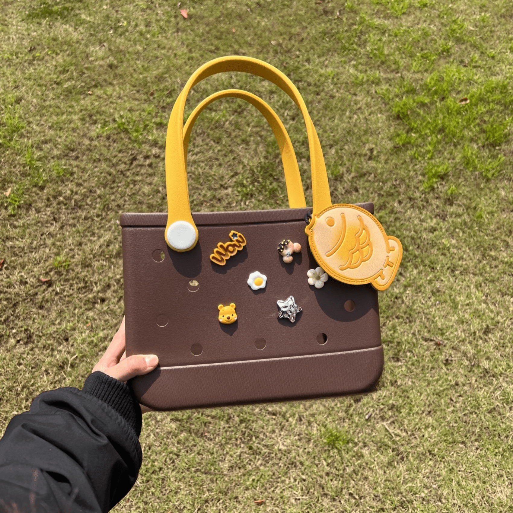 Brown EVA Beach Bag - Waterproof Customizable Tote with Yellow Handles - Lopqix