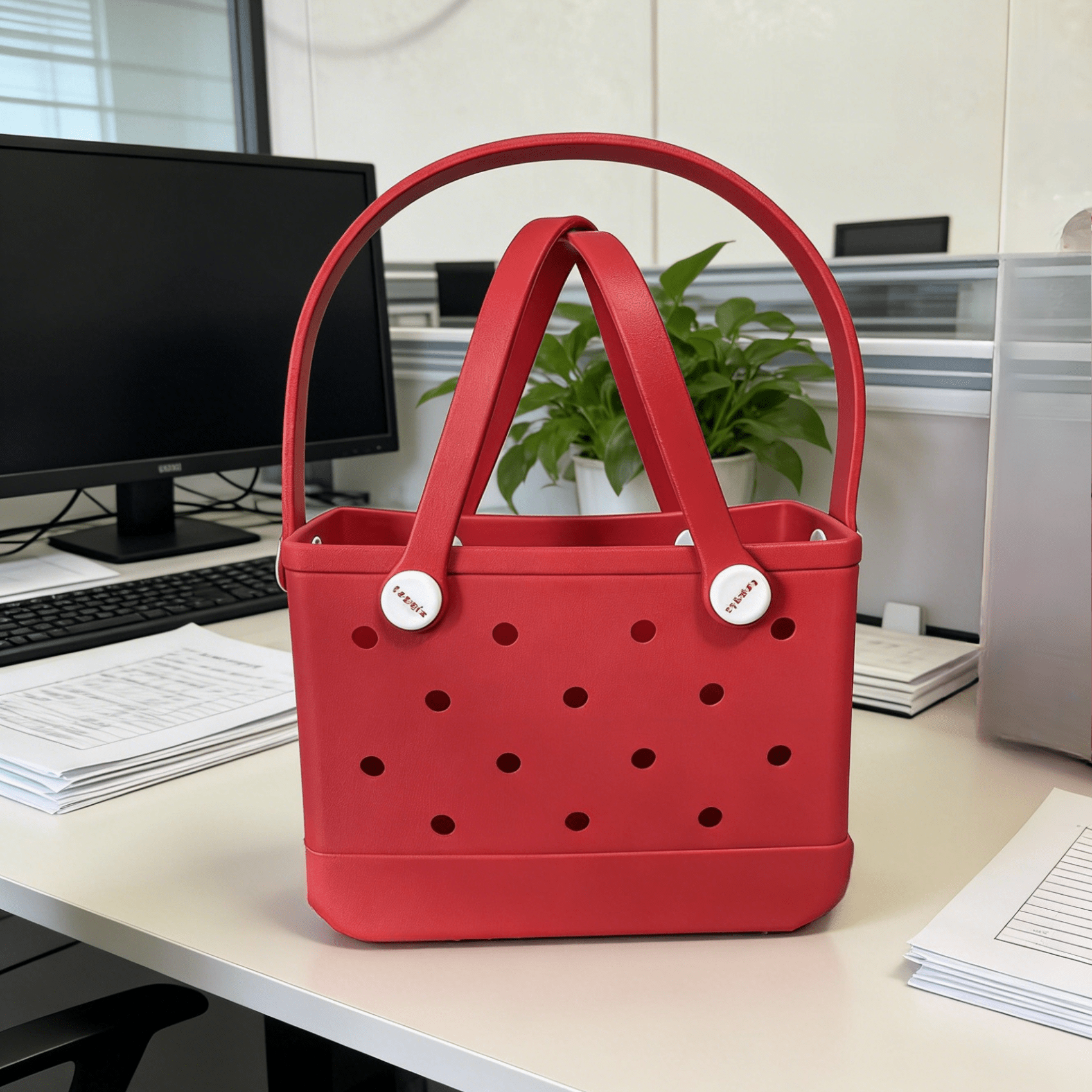 Coral Red EVA Mini Tote Bag - Waterproof Perforated Handbag with Dual Handles - Lopqix