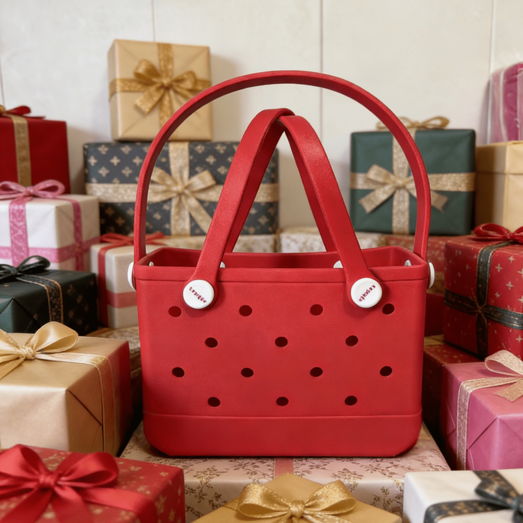 Coral Red EVA Mini Tote Bag - Waterproof Perforated Handbag with Dual Handles - Lopqix
