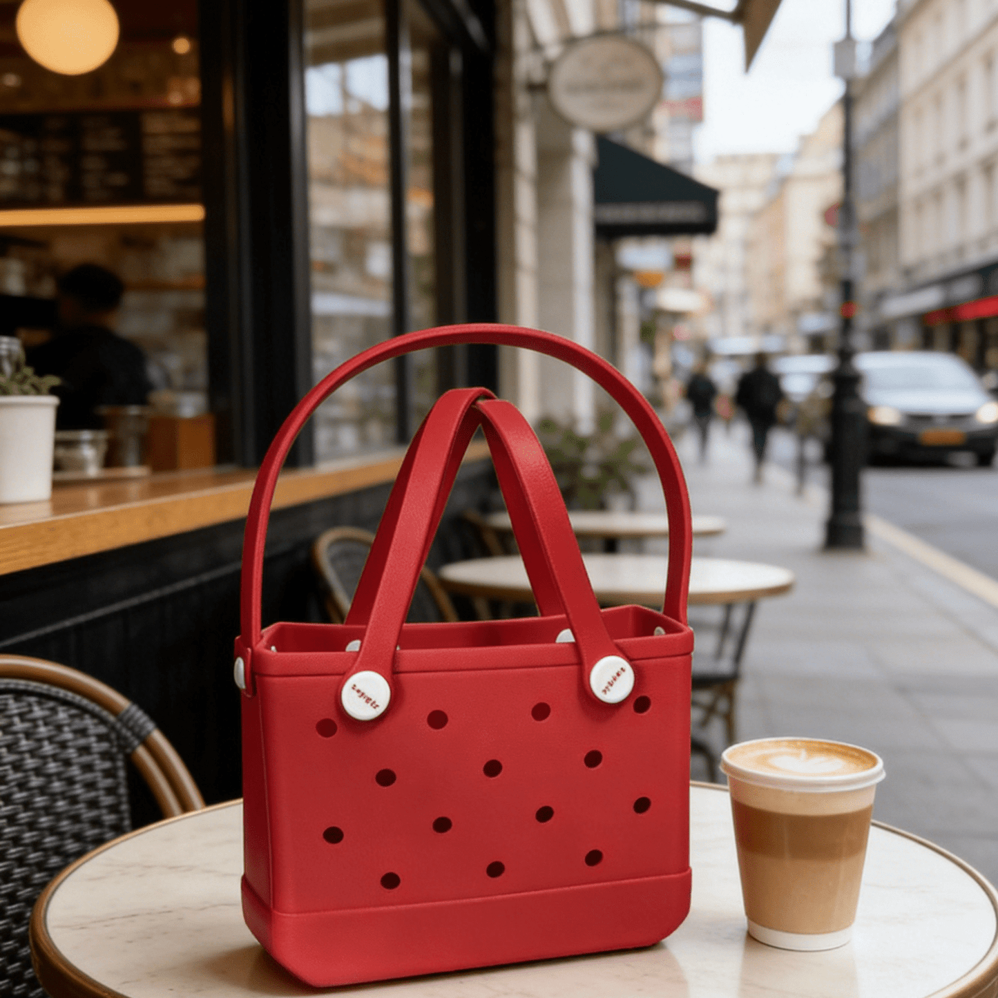Coral Red EVA Mini Tote Bag - Waterproof Perforated Handbag with Dual Handles - Lopqix