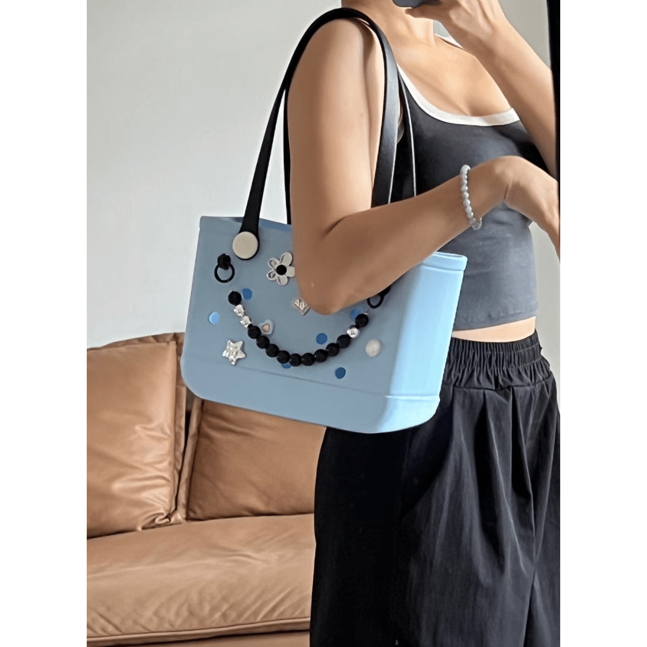 Light Blue EVA Beach Bag with Black Bead Smile - Waterproof Tote with Black Handles - Lopqix