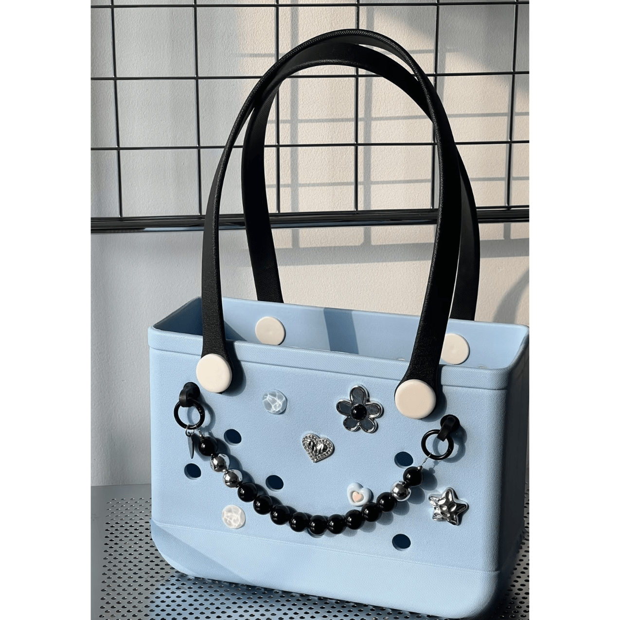 Light Blue EVA Beach Bag with Black Bead Smile - Waterproof Tote with Black Handles - Lopqix