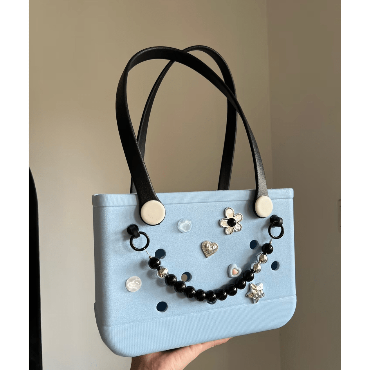 Light Blue EVA Beach Bag with Black Bead Smile - Waterproof Tote with Black Handles - Lopqix
