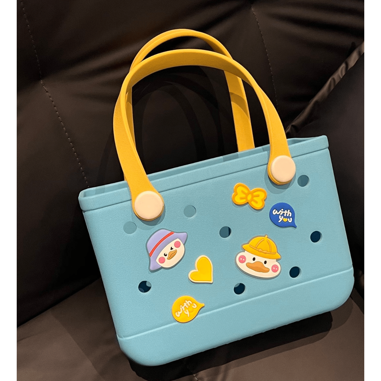 Light Blue EVA Beach Bag with Yellow Handles - Waterproof Tote with Cute Character Charms - Lopqix