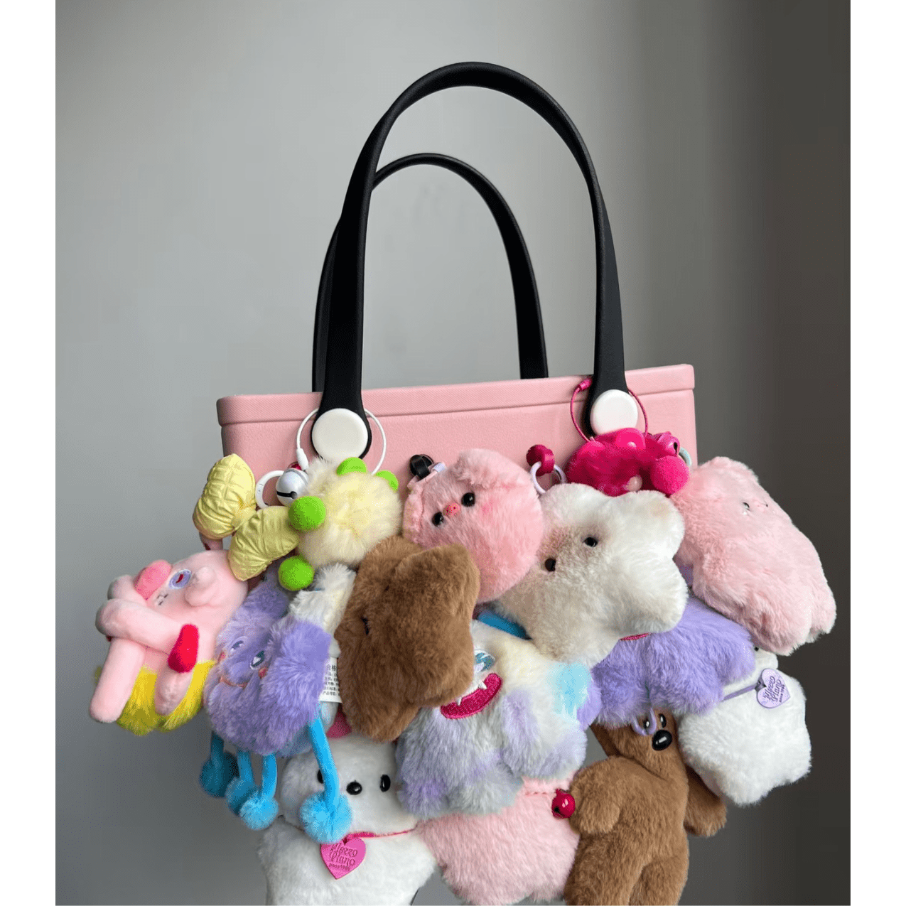 Light Pink EVA Beach Bag - Waterproof Tote with Black Handles and Heart Charms - Lopqix