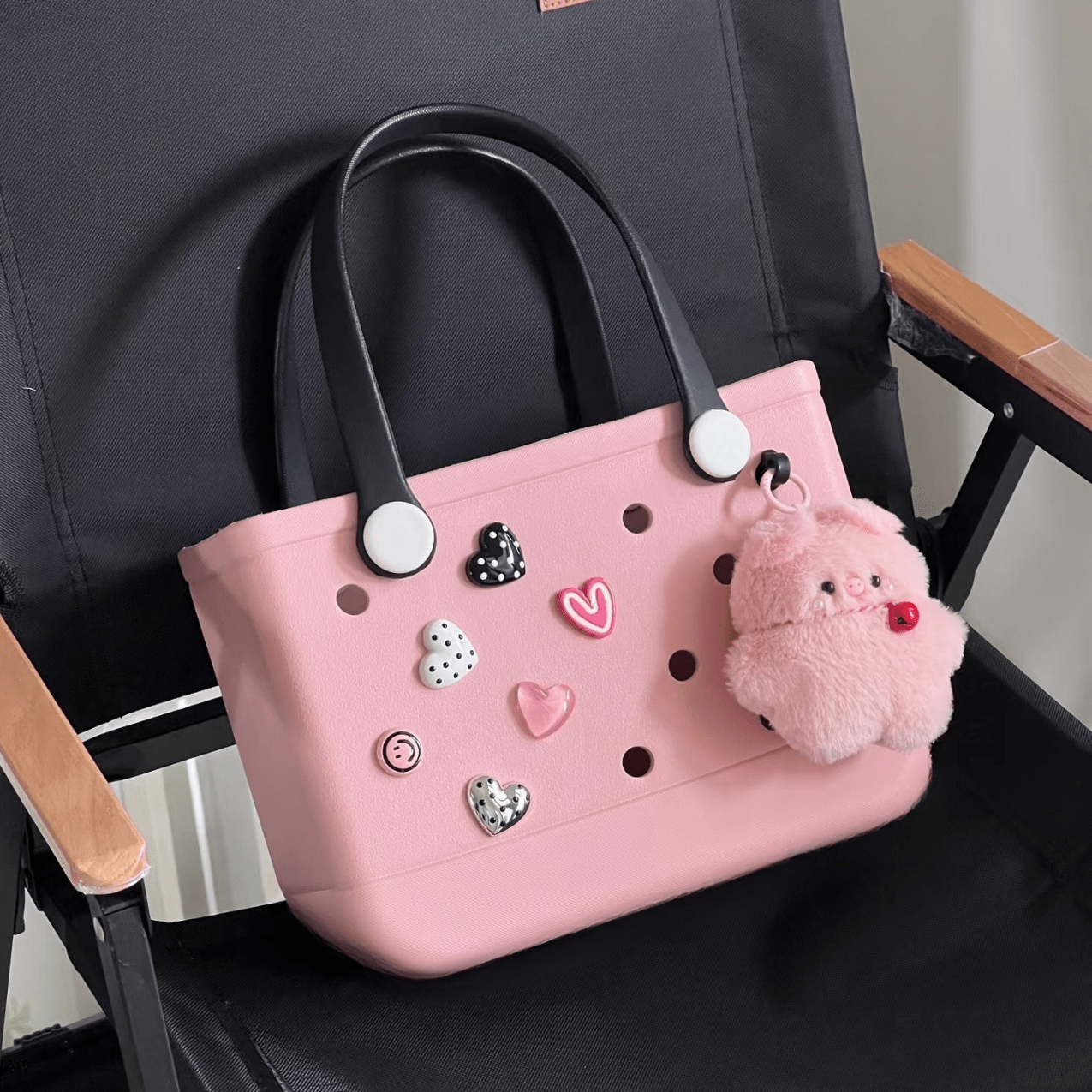 Light Pink EVA Beach Bag - Waterproof Tote with Black Handles and Heart Charms - Lopqix