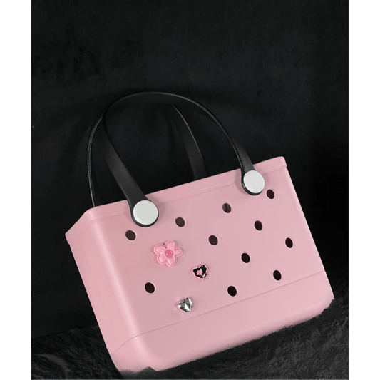 Light Pink EVA Beach Bag - Waterproof Tote with Black Handles and Heart Charms - Lopqix