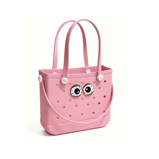 Pink EVA hole tote bag with cartoon eyes – Waterproof kawaii handbag for daily shopping, beach trips & casual outdoor use