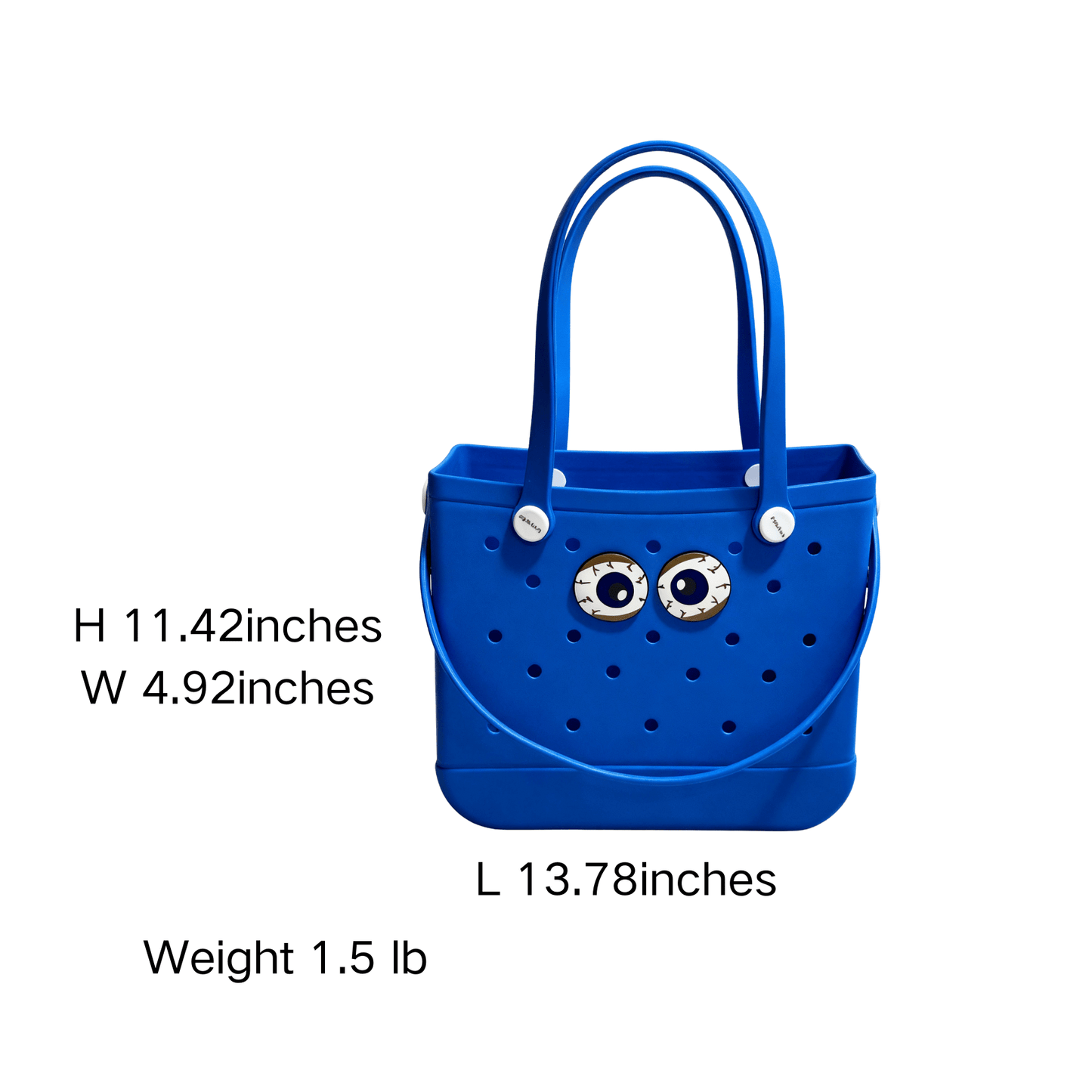 the size of the blue medium rubber beach bag with eye charms is 13.78 inches in lenth 11.42inches in height 4.92inches in width,the weight is 1.5lbs