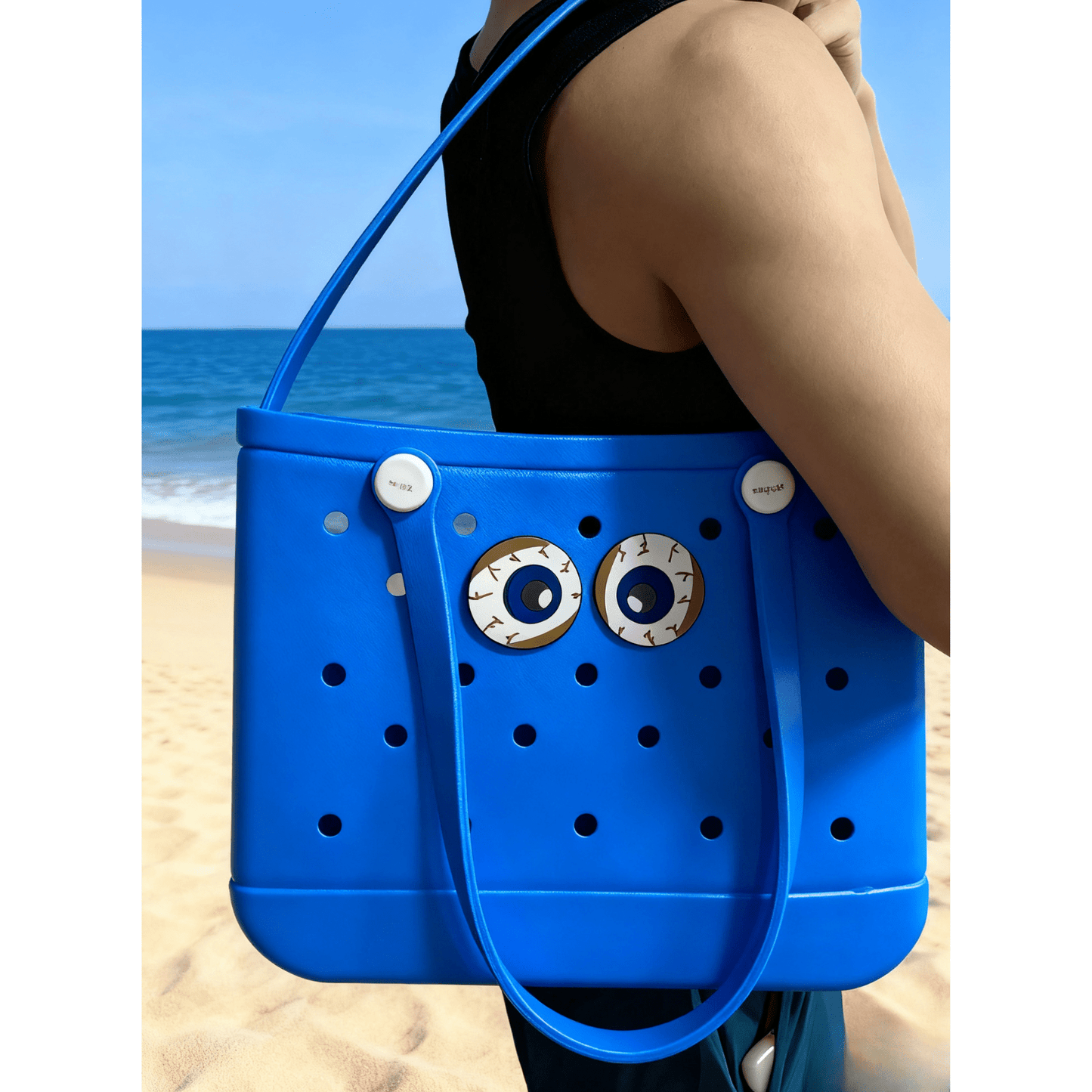 Blue EVA Hole Beach Tote Bag with Cartoon Eyes Decoration – Kawaii Style Waterproof Handbag for Summer, Beach, Camping & Shopping