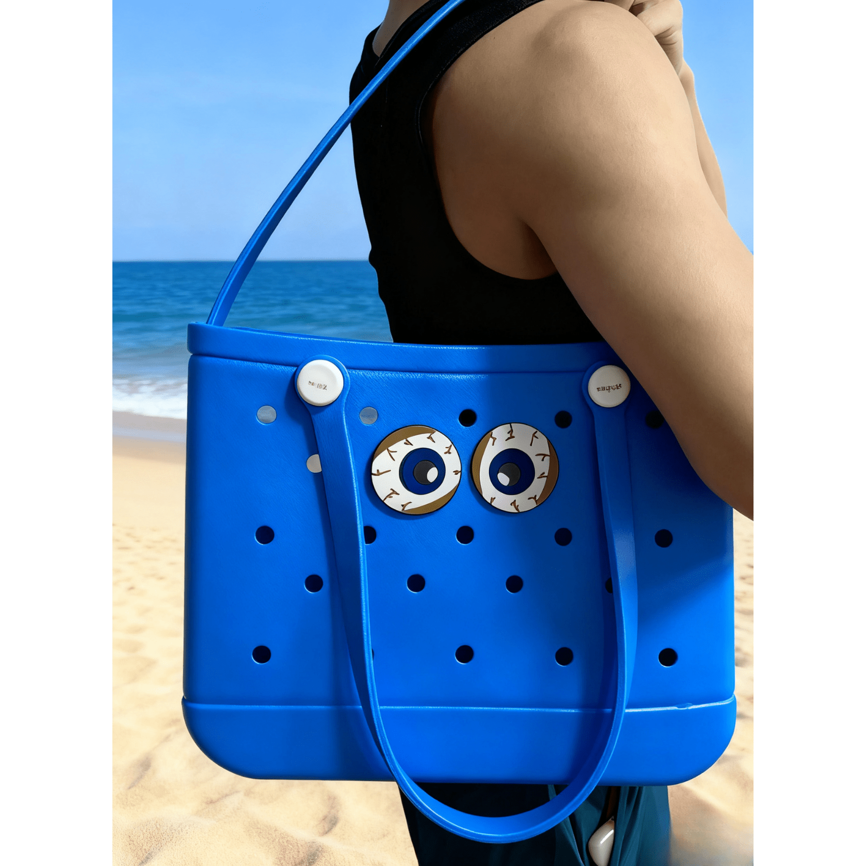 Blue EVA Hole Beach Tote Bag with Cartoon Eyes Decoration – Kawaii Style Waterproof Handbag for Summer, Beach, Camping & Shopping