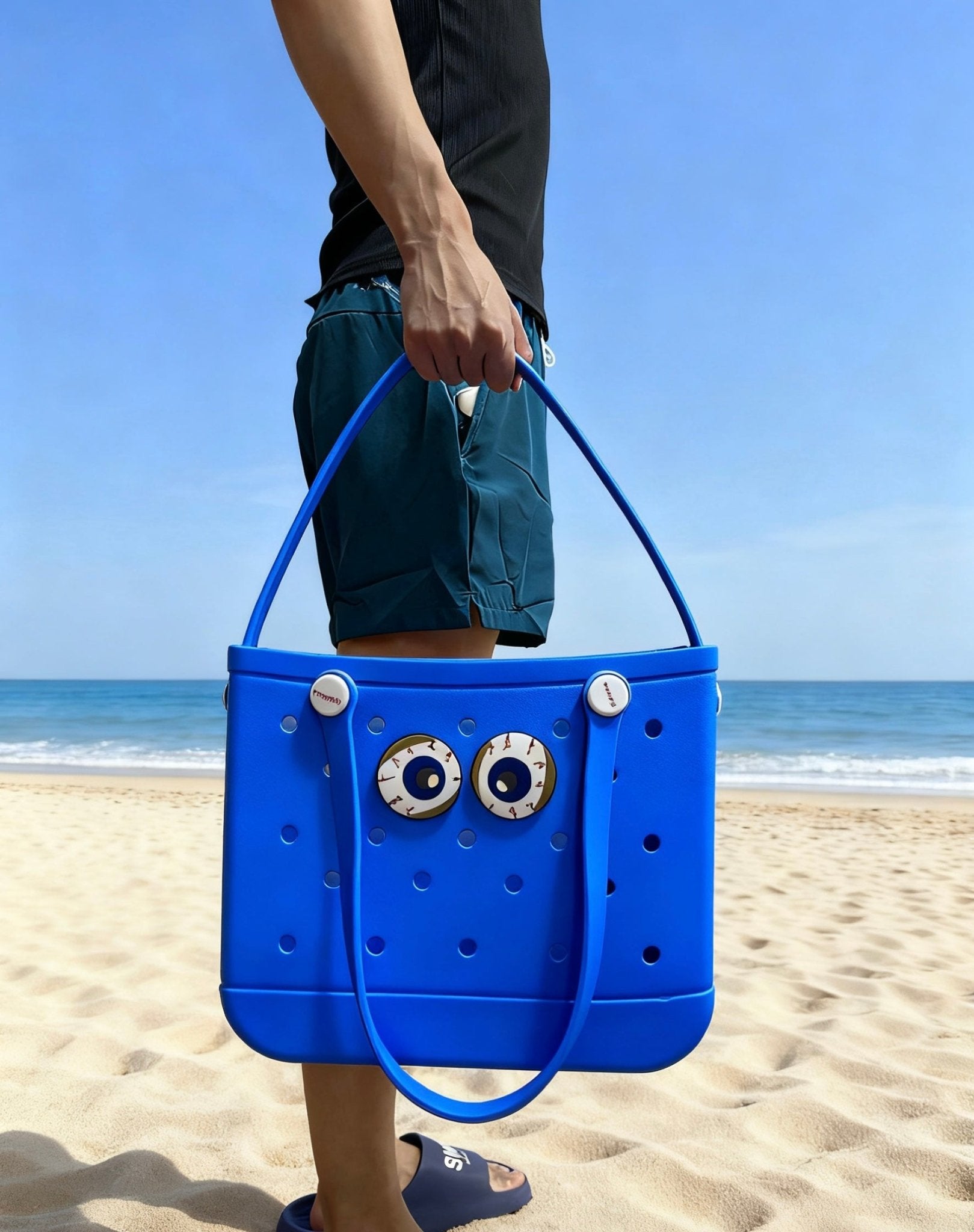 Blue EVA hole tote bag with cartoon eyes – Kawaii waterproof handbag for summer beach, camping & daily shopping